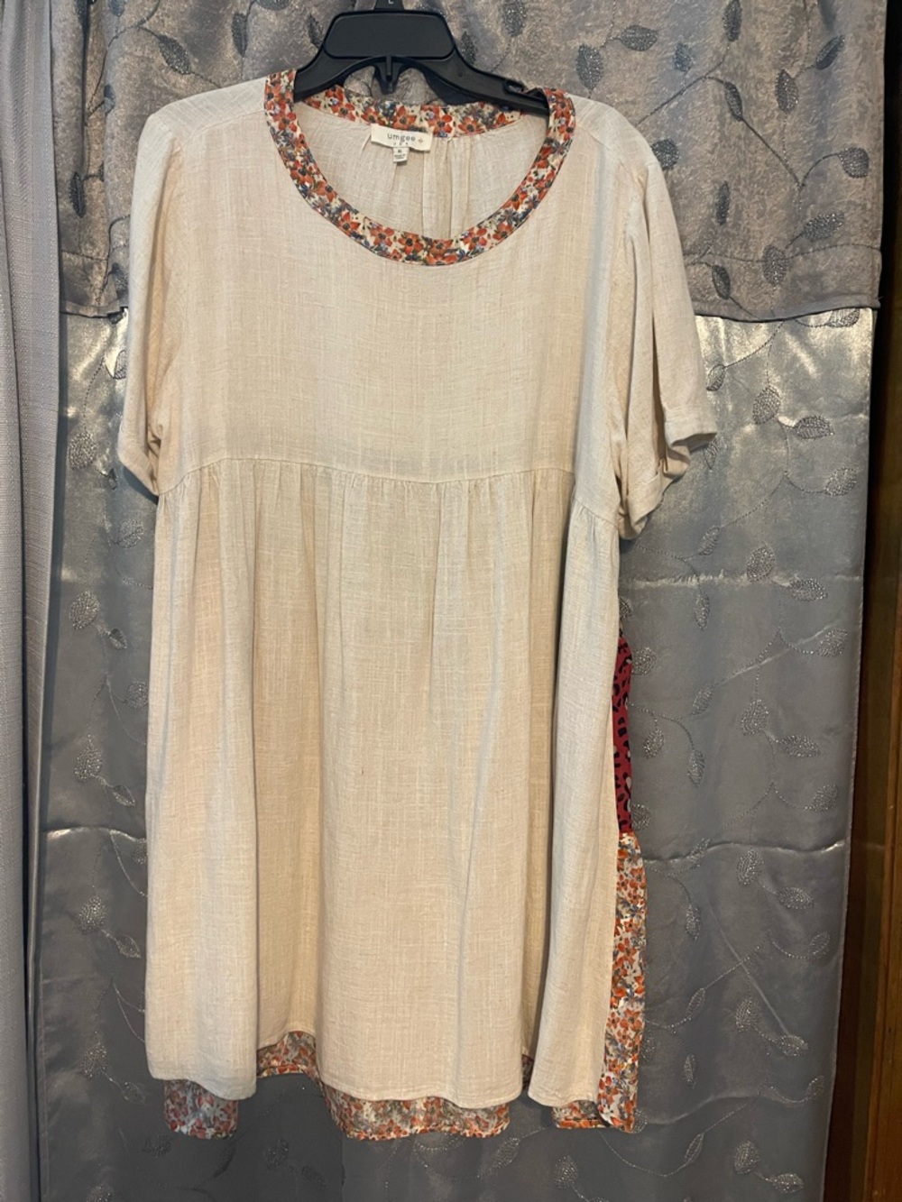 Umgee Cream Babydoll Mini Dress with Floral Trim